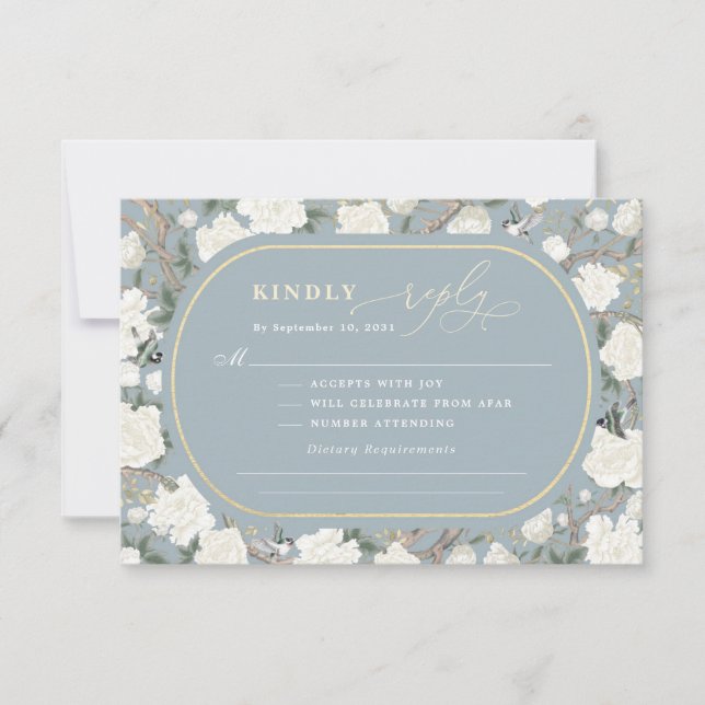 Dusty Blue Chinoiserie Ivory Flowers Wedding RSVP Card (Front)
