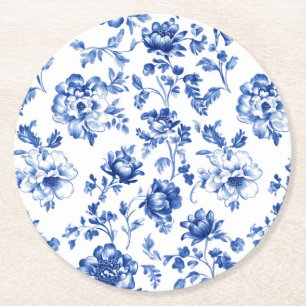 Dusty Blue Chinoiserie round Wedding Paper Coaster