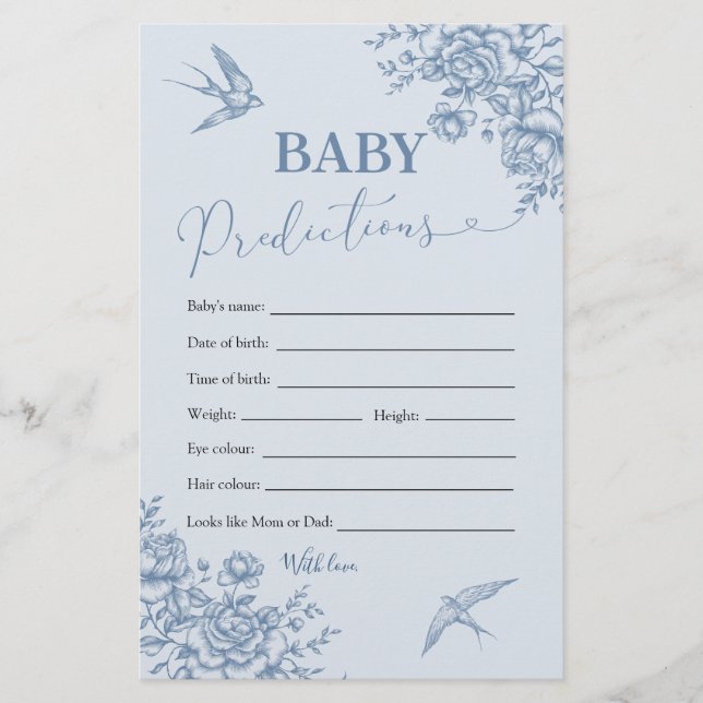 Dusty Blue Chinoiserie Shower Baby Predictions (Front)