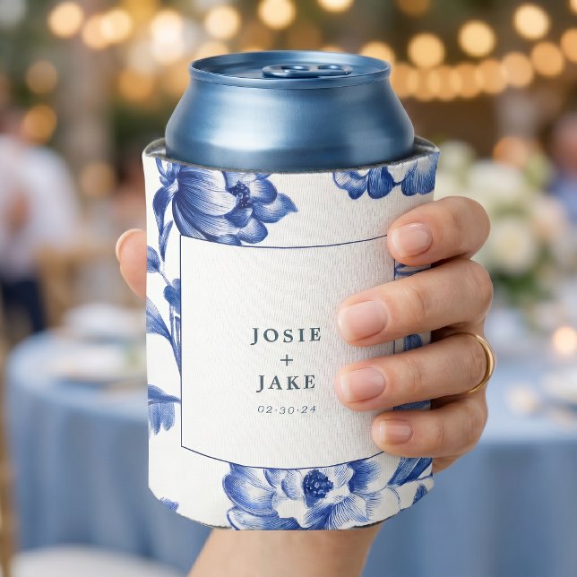 Dusty Blue Chinoiserie Square Wedding Can Cooler (Dusty Blue Chinoiserie Square Wedding Can Cooler)