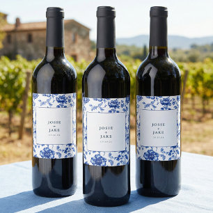 Dusty Blue Chinoiserie Square Wedding Wine Label