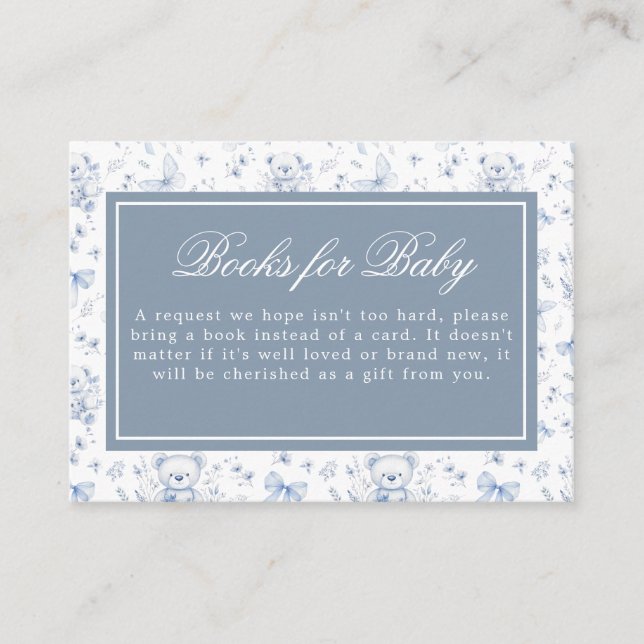 Dusty Blue Chinoiserie Teddy Bears Baby Shower  Enclosure Card (Front)