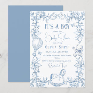 Dusty Blue Chinoiserie Toile Vintage Baby Shower Invitation