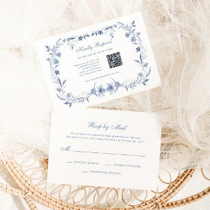 Dusty Blue Chinoiserie   Traditional and QR Code RSVP Card