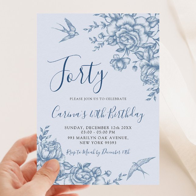 Dusty Blue Chinoiserie Vintage Floral Birthday Invitation (Creator Uploaded)