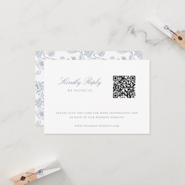 Dusty Blue Chinoiserie Wedding QR Code Invitation (Front/Back In Situ)