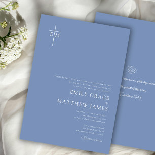  Dusty Blue Christian Monogrammed Cross Modern Invitation