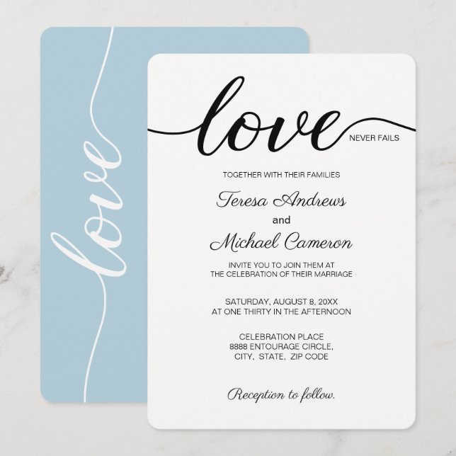 Dusty blue Christian Wedding Love Never Fails Invitation (Front/Back)