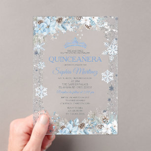 Dusty Blue Christmas Floral Snowflake Quinceañera Acrylic Invitations