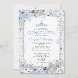 Dusty Blue Christmas Floral Snowflake Quinceañera Invitation