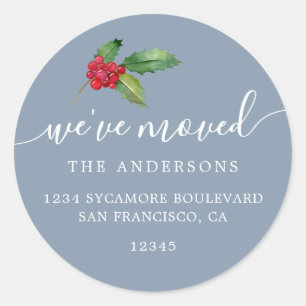 Dusty Blue Christmas Greenery New Address Home Classic Round Sticker