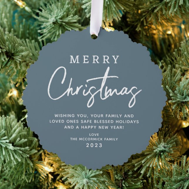Dusty Blue Christmas Script Family Name Custom Tree Decoration Card (Insitu (Tree))