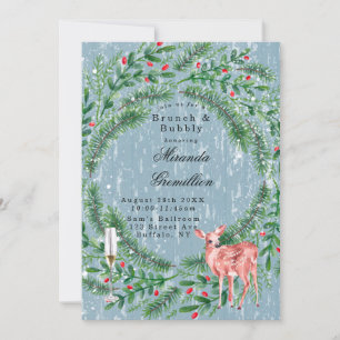 Dusty Blue Christmas Wood Deer Brunch and Bubbly  Invitation