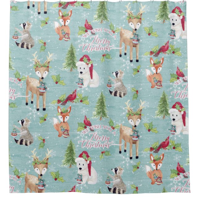 Dusty Blue Christmas Woodland Animals Deer Bear Shower Curtain (Front)