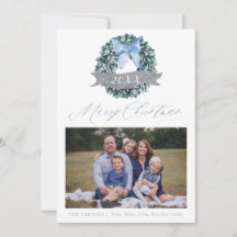 Dusty Blue Christmas Wreath Holiday Photo Card