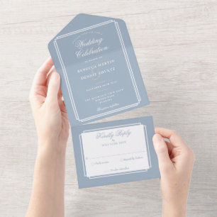Dusty Blue Classic Deco Monogram Wedding All In One Invitation