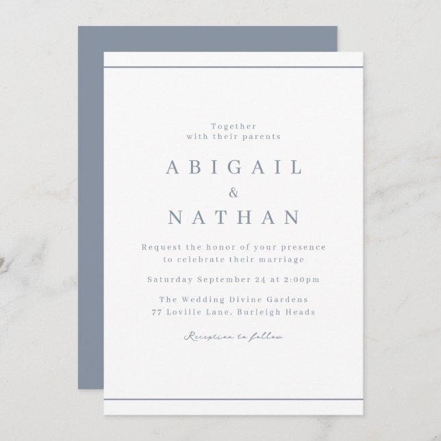 Dusty Blue Classic Elegant Minimal Wedding Invitation (Front/Back)