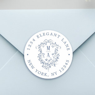 Dusty Blue Classic Floral Crest Return Address  Round Sticker