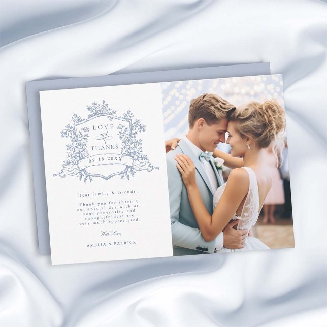 Dusty Blue Classic Floral Crest Wedding Photo Thank You Card (Creator Uploaded)