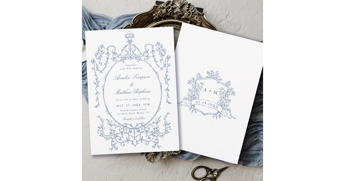 Dusty Blue Classic Floral Frame Wedding Invitation | Zazzle