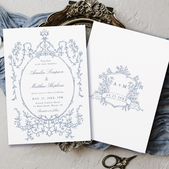 Dusty Blue Classic Floral Frame Wedding            Invitation (Front & Back)