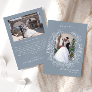 Dusty blue classic floral wreath Wedding Photo Thank You Card