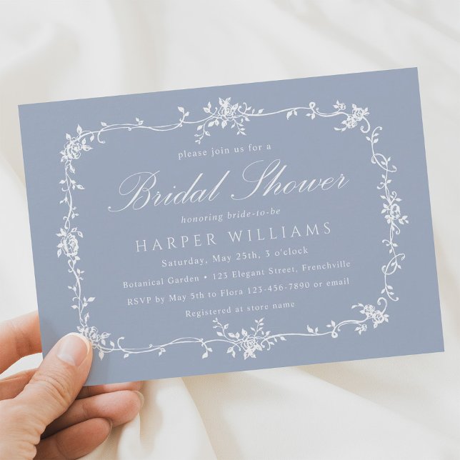 Dusty Blue Classic French Floral Bridal Shower Invitation (Creator Uploaded)