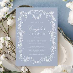 Dusty Blue Classic French Floral Couples Shower Invitation
