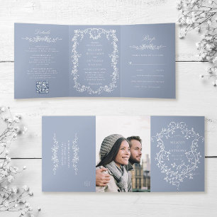 Dusty Blue Classic French Victorian Floral Wedding Tri-Fold Invitation