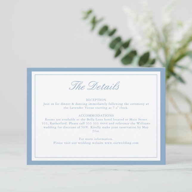 Dusty Blue Classic Monogram Wedding Details Card (Standing Front)