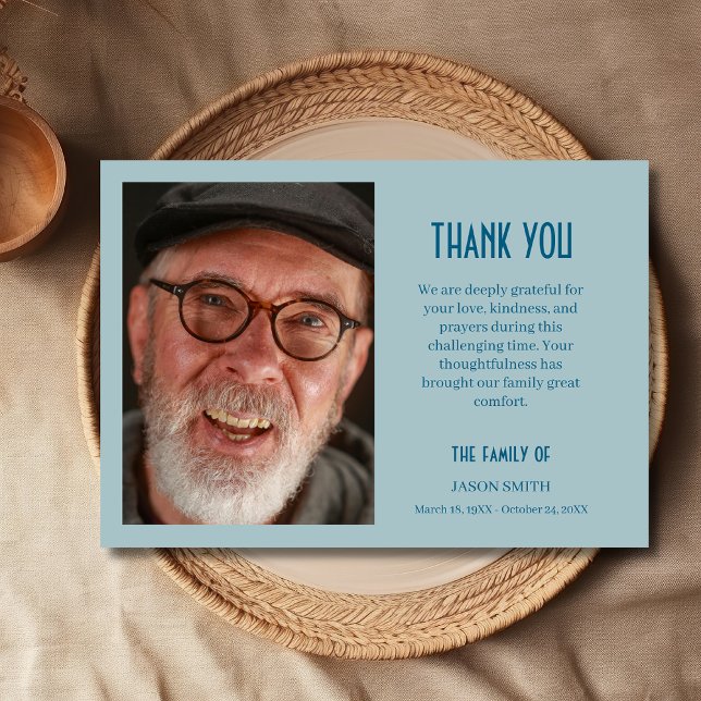 Dusty Blue Classic Personalized Photo Funeral  Thank You Card (Creator Uploaded)