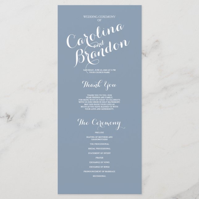 Dusty Blue Classic Script Elegant Wedding Program Programme (Front)
