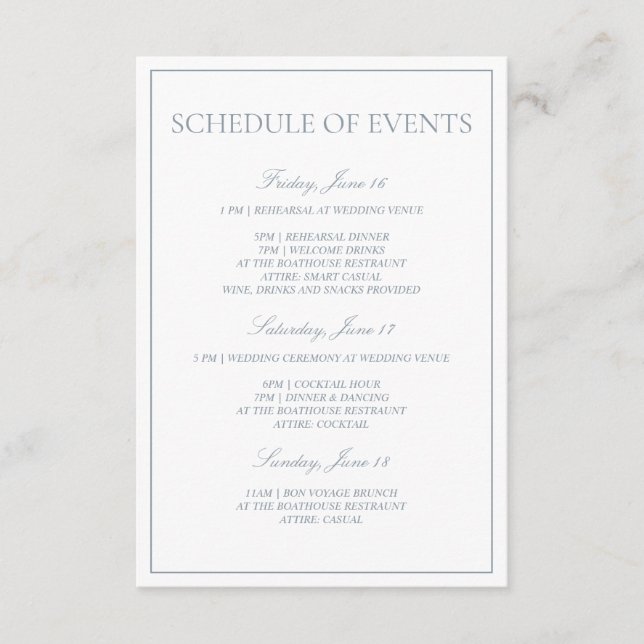 Dusty Blue Classic Script Schedule of Events Enclosure Card (Front)
