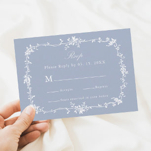 Dusty Blue Classic Victorian Floral Frame Wedding RSVP Card