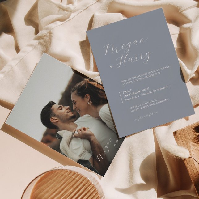 Dusty Blue Classy Script Modern Photo Wedding Invitation (Creator Uploaded)