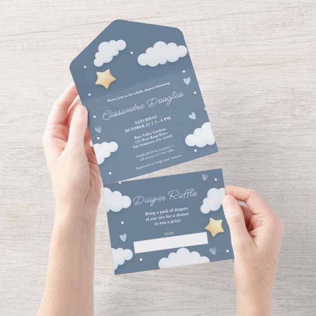 Dusty Blue Clouds Hello Baby Shower All In One Invitation (Tearaway)