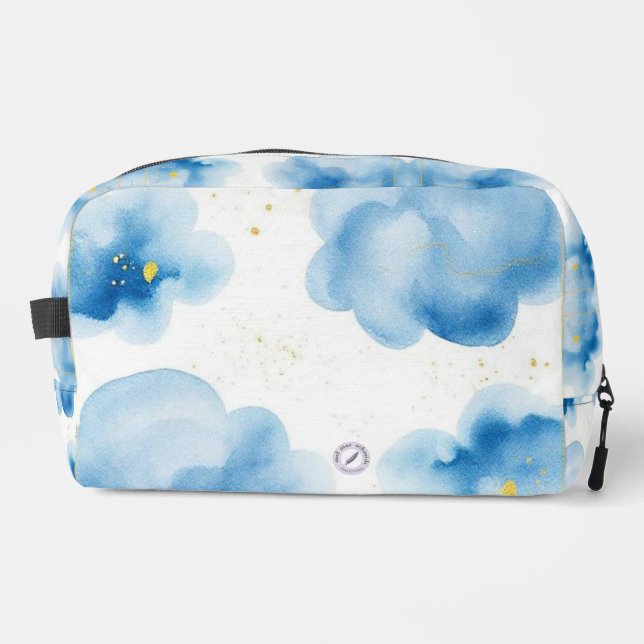 Dusty Blue Clouds Sprinkled Gold Frame Mappchen Dopp Kit (Front)