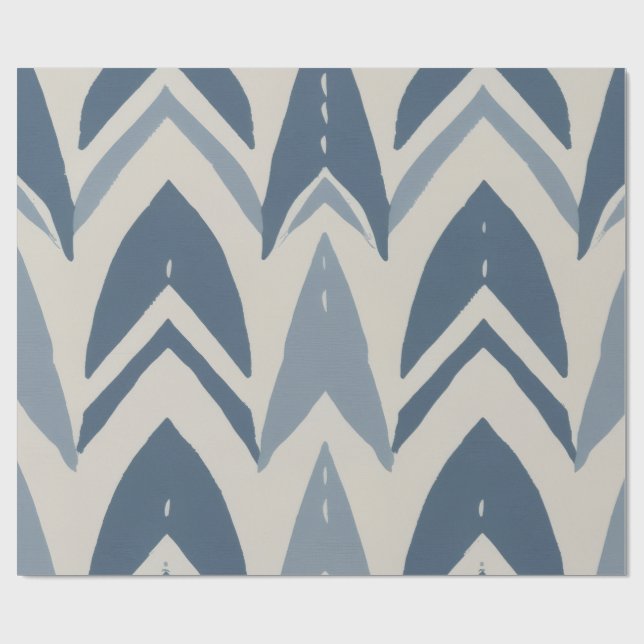 Dusty Blue Coastal Batik Parang Chevron Geometric Wrapping Paper (Flat)