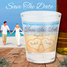 Dusty Blue Coastal Beach Wedding Save The Date Shot Glass