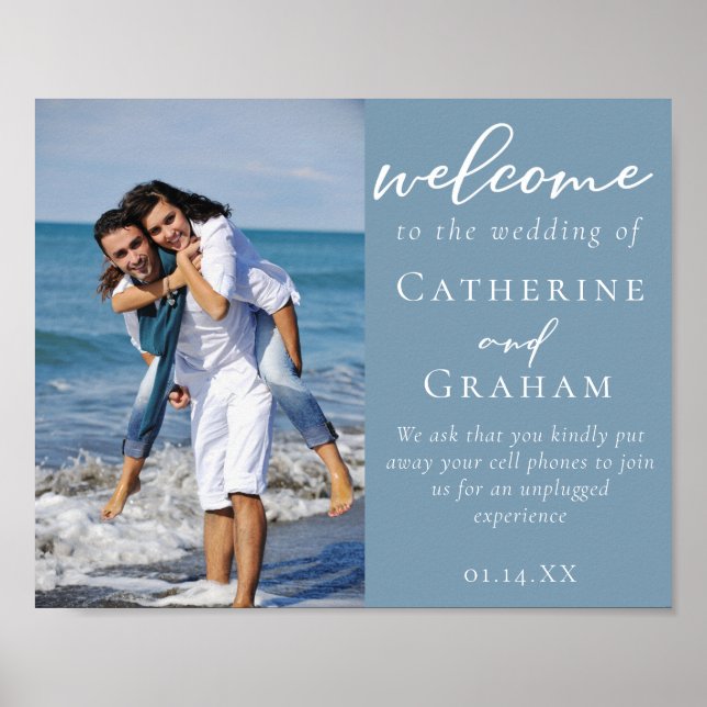 Dusty Blue Coastal Couple Photo Wedding Welcome Poster (Front)