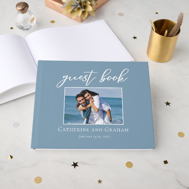 Dusty Blue Coastal Wedding Couple Photo Guest Book (Front Open)