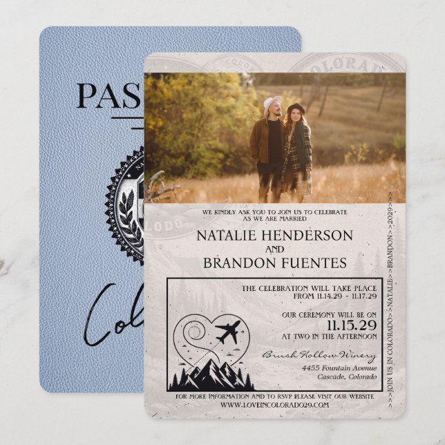 Dusty Blue Colorado Passport Wedding Invitation (Front/Back)