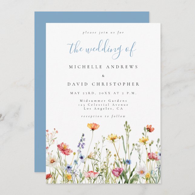 Dusty Blue Colorful Rustic Wildflower Wedding Invitation (Front/Back)