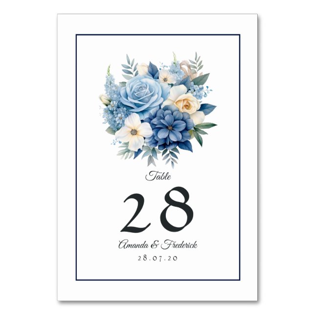 Dusty Blue Coloured Floral Wedding Table Number (Front)