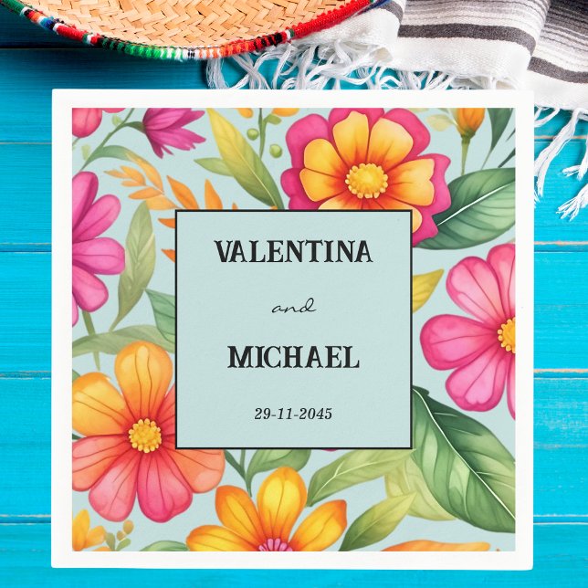 Dusty Blue Colourful Floral Mexican Fiesta Wedding Napkin (Creator Uploaded)