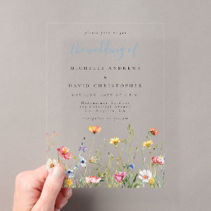 Dusty Blue Colourful Rustic Wildflower Wedding Acrylic Invitations
