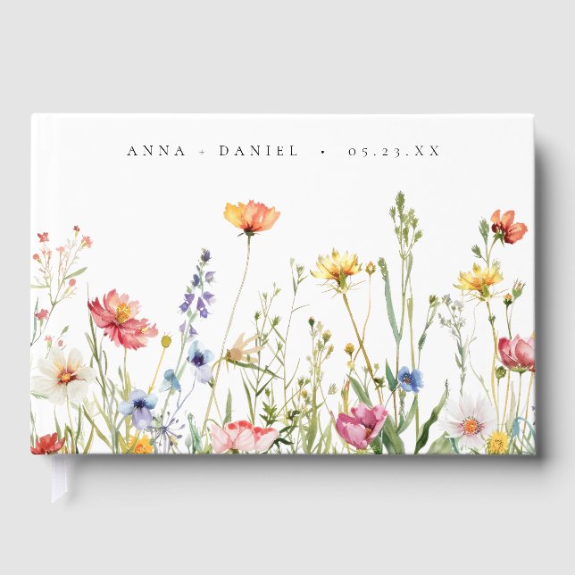Dusty Blue Colourful Rustic Wildflower Wedding Guest Book (Front)