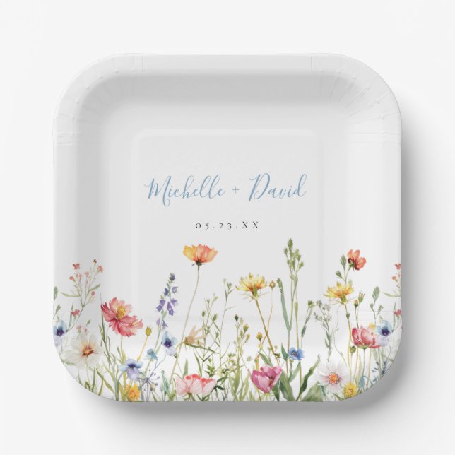Dusty Blue Colourful Rustic Wildflower Wedding Paper Plate (Front)