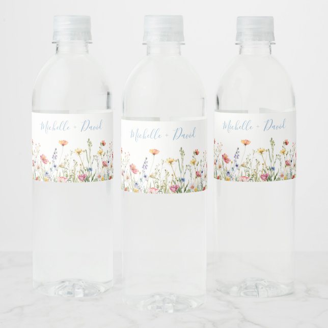 Dusty Blue Colourful Rustic Wildflower Wedding Water Bottle Label (Bottles)