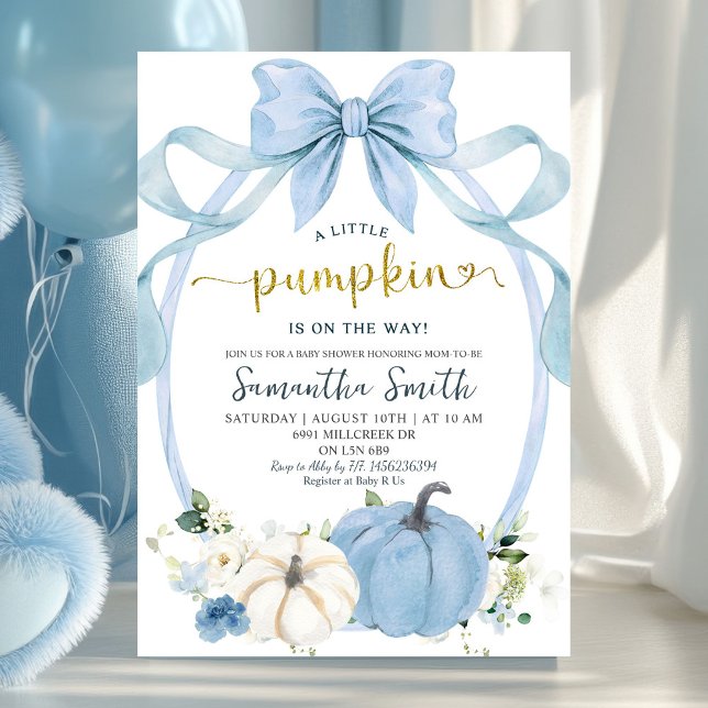 Dusty Blue Coquette Autumn Pumpkin Baby Shower Invitation (Creator Uploaded)